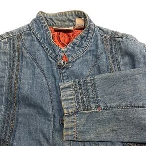 Chicos Design Size 0 Small Denim Jean Jacket Blue‎ Silk Lined Knots